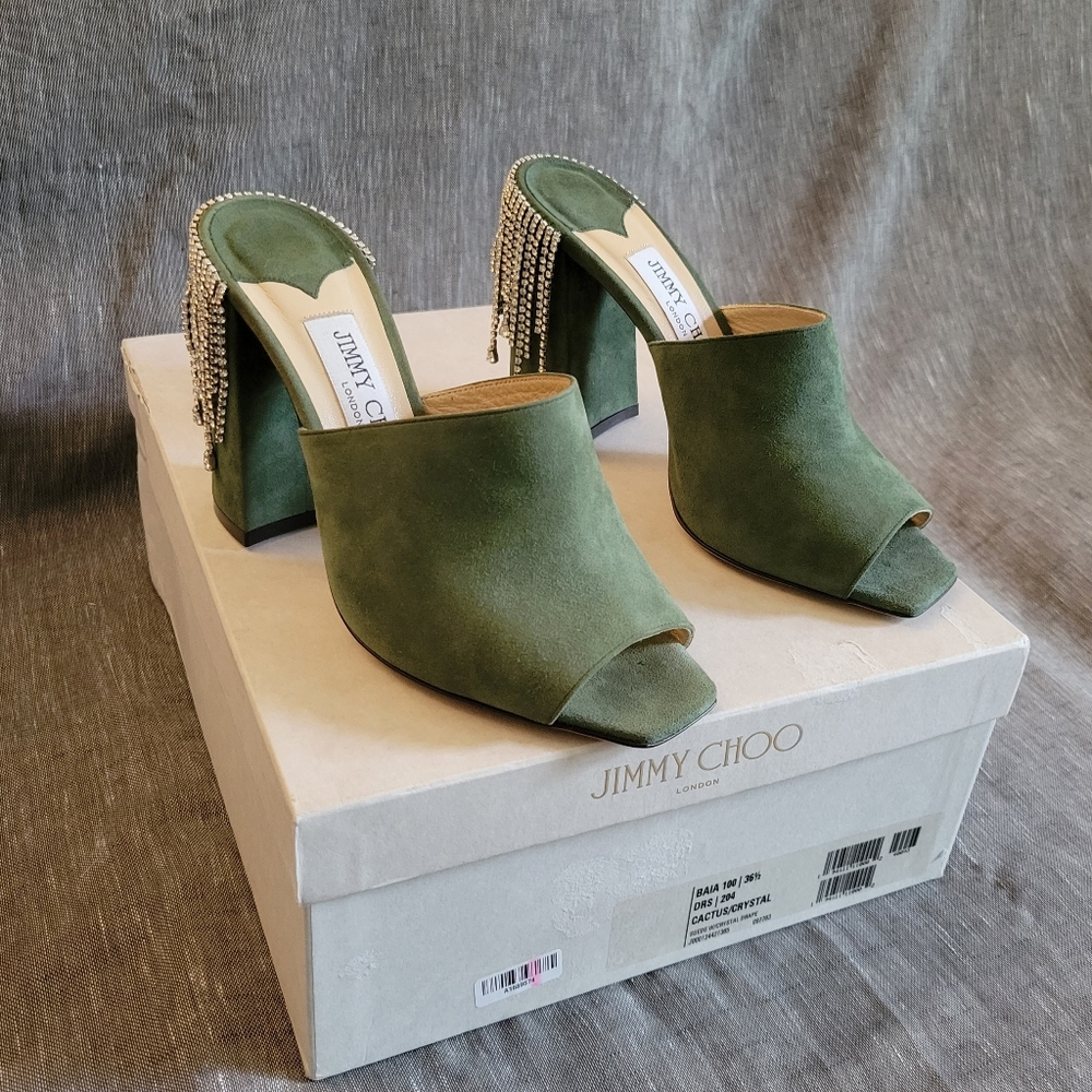 New Jimmy Choo Crystal Rhinestones Suede Mules Block Sandals Size 6.5/7. - Picture 7 of 12